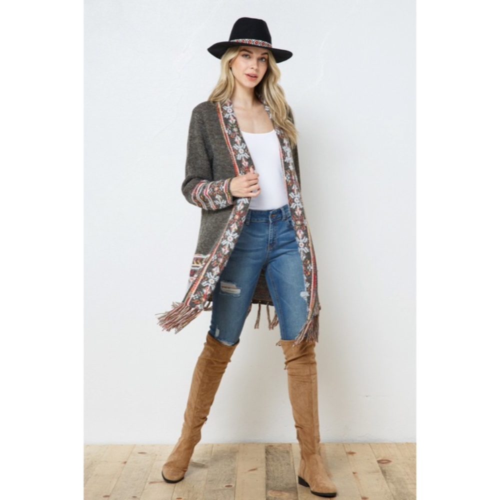SOLD OUT Moss Olive Snowflake Marled Native Western Aztec Open Knit Cardigan - Picture 2 of 7